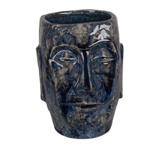 Modrý keramický obal na květináč/ váza s obličejem Blue Dotty L – 17x14x21 cm