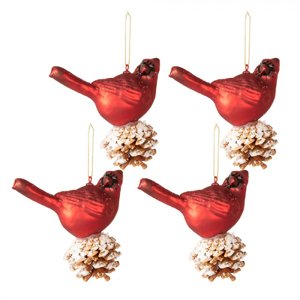 4ks červená vánoční ozdoba ptáček na šišce – 11x11 cm