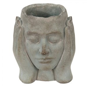 Šedý cementový květináč hlava ženy v dlaních – 18x17x21 cm
