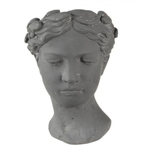 Šedý antik cementový květináč hlava ženy – 18x17x25 cm