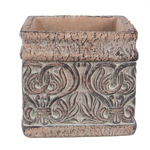 Hnědý antik čtvercový obal na květináč s ornamenty – 13x13x12 cm