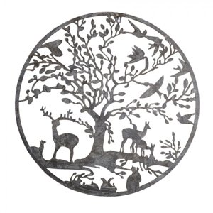 Nástěnná kovová dekorace stromu v kruhu se zvířátky – 60x2 cm