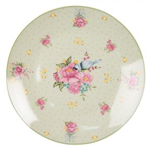 Zelený porcelánový dezetní talíř s květy a ptáčkem Cheerful Birdie – 20x2 cm