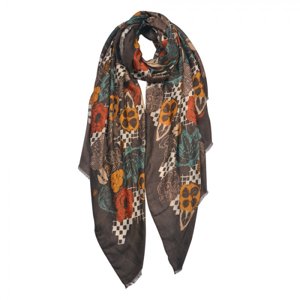 Hnědý šátek s květy – 85x180 cm