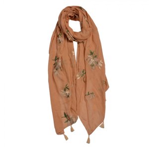 Oranžový šátek s vyšívanými květy – 70x180 cm