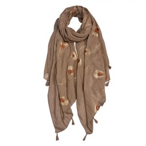 Hnědý šátek s vyšívanými pavími pery Quinten – 70x180 cm