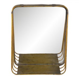 Zlaté čtvercové zrcadlo v kovovém rámu s dřevěnou poličkou Gold – 26x11x32 cm