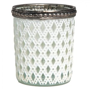 Bílý skleněný svícen na čajovou svíčku s kovovým zdobením – 6x7 cm
