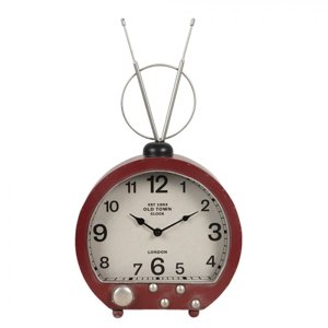 Červené kovové stolní hodiny s anténou v retro stylu – 26x10x47 cm