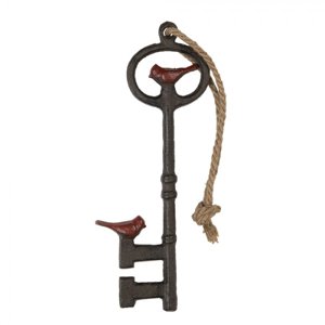 Závěsná ozdoba dekorativní litinový klíč s ptáčkem – 13x2x33 cm