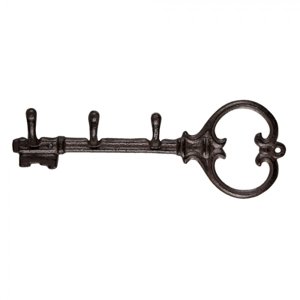 Hnědý litinový nástěnný věšák na oblečení ve tvaru klíče – 33x4x14 cm