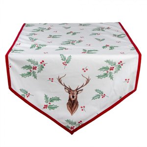 Běhoun na stůl Holly Christmas s červeným lemem a jelenem – 50x160 cm