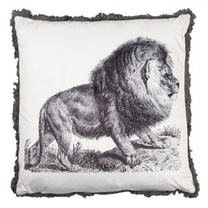 Bílo šedý polštář se lvem a třásněmi – 45x45x4 cm
