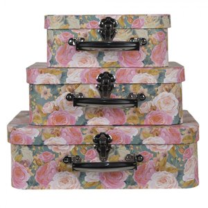 Set 3 ks úložných růžových kufříků s květy – 30x22x10/25x19x9/20x16x8 cm
