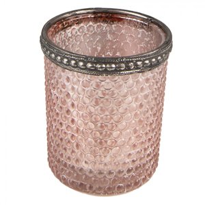 Růžový skleněný svícen na čajovou svíčku se zdobným okrajem – 6x6 cm