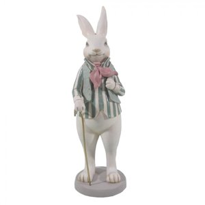 Velikonoční soška králíka v pruhovaném sáčku s hůlkou – 12x9x31 cm