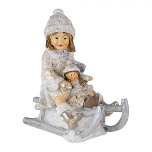 Vánoční dekorativní soška holčičky na saních s panenkou – 10x5x10 cm