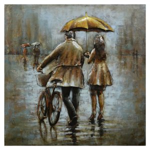Kovový nástěnný obraz Dvojice v dešti – 100x5x100 cm