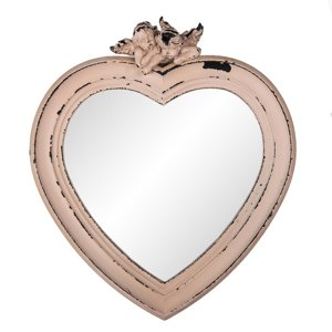 Nástěnné  zrcadlo s růžovým rámem ve tvaru srdce s andílky – 30x5x34 cm
