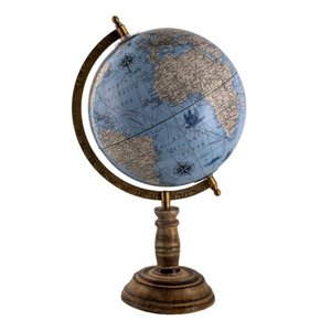 Modro-hnědý dekorativní glóbus na dřevěném podstavci Globe – 22x22x37 cm