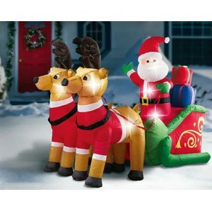 German LED nafukovací vánoční dekorace Santa Claus se soby / 12 W / výška 140 cm / venkovní i vnitřní / teplá bílá
